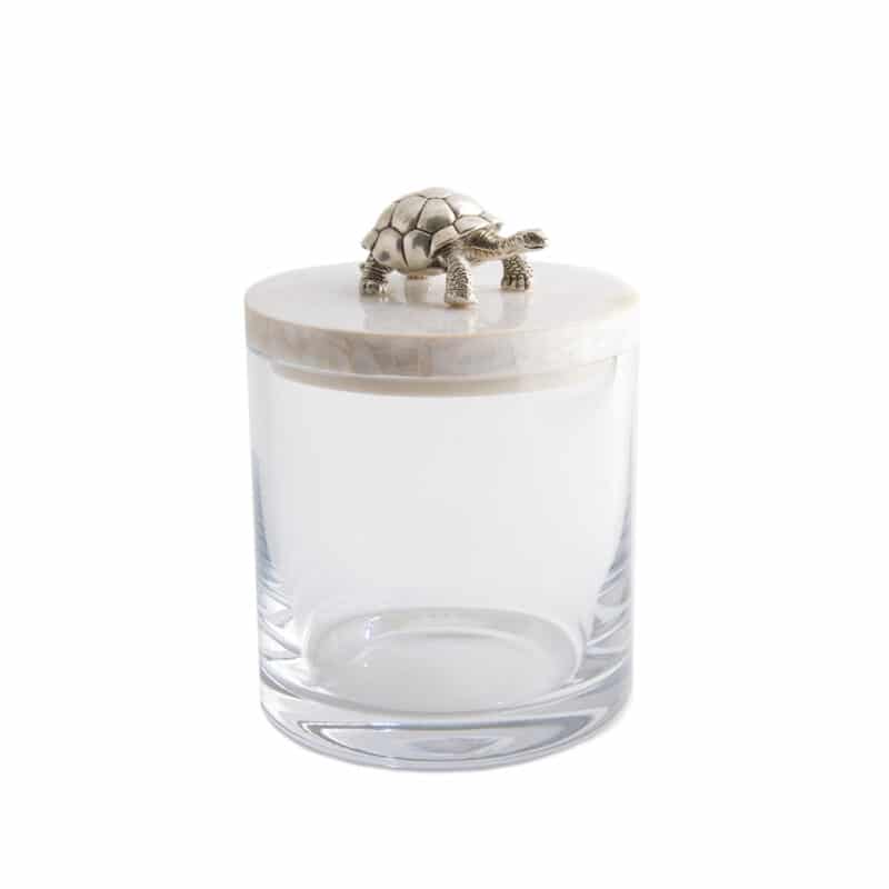 handmade storage jar with silver turtle for bathrooms
